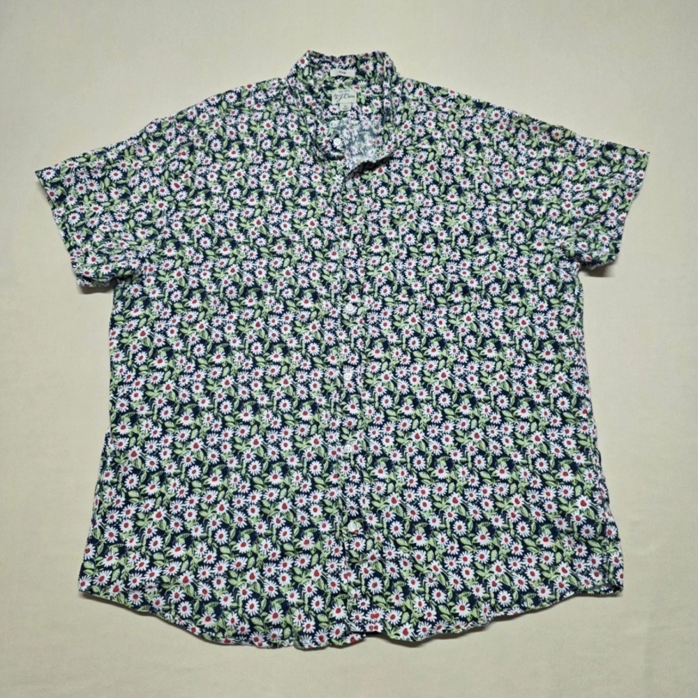 J.Crew Mens XL Slim 100% Linen Short Sleeve Button Front Floral Daisy Shirt Navy